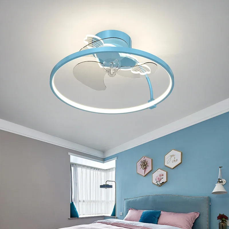 Creative Led Ceiling Lights with Fans Pink Blue Light For Children Boy Girl Bedroom Living Room Remote Control Fan Lamps Summer