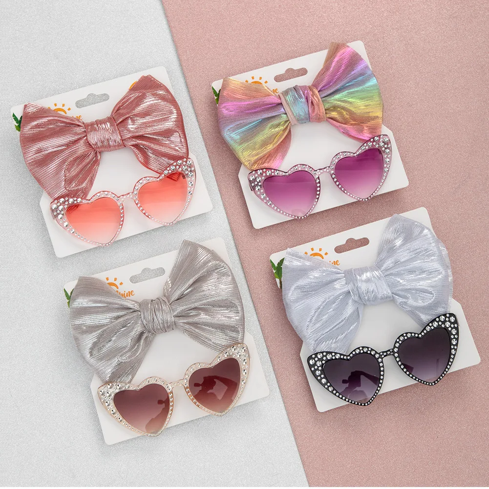 Lunettes de soleil kly cool pour bébé, ensemble de bandes de sauna à nœud papillon, Kendning Pearl Bow, lunettes de soleil pour enfants, bandes de sauna en nylon imprimé arc-en-ciel