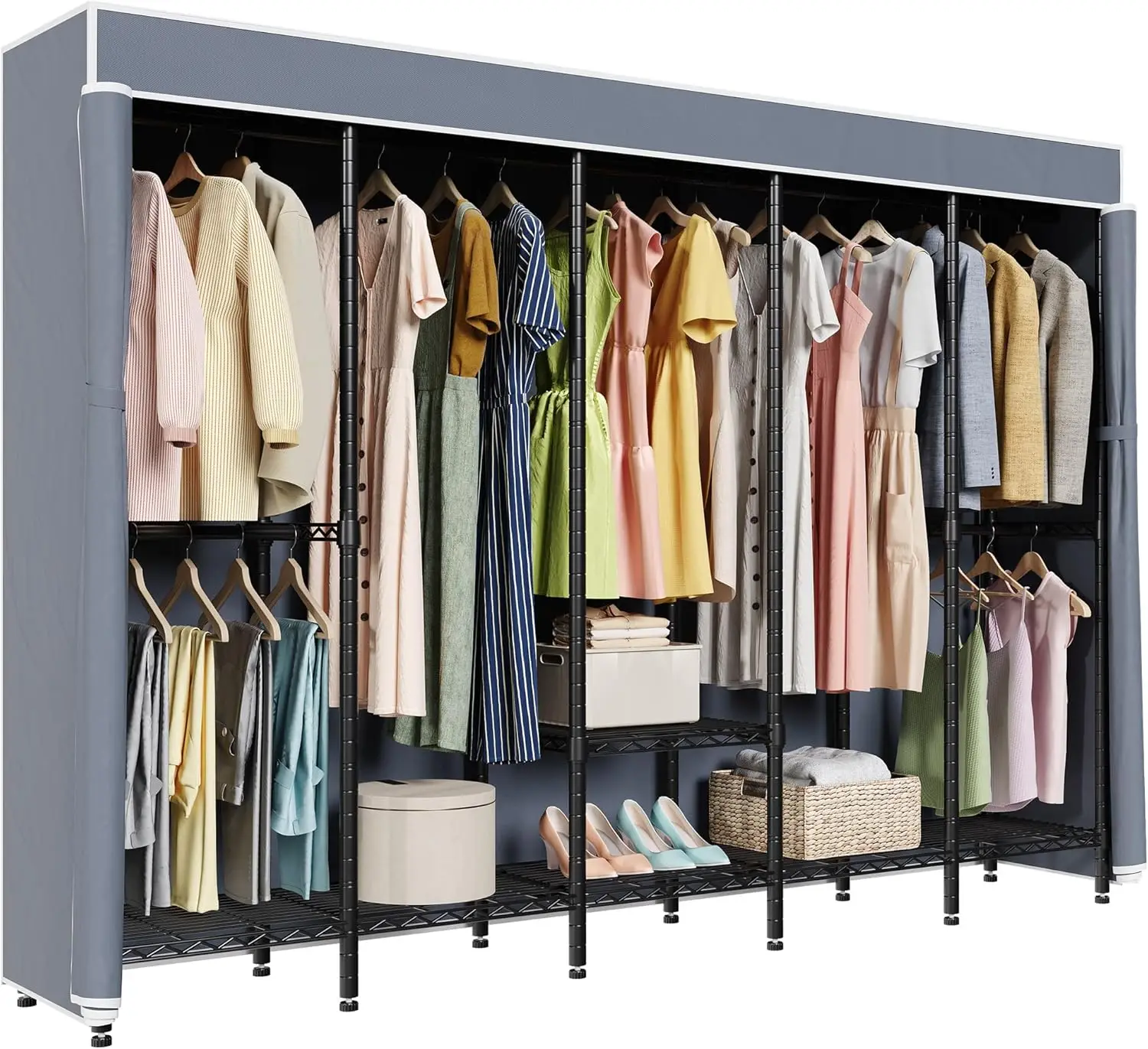 

94.5"W Heavy Duty Garment Rack with Cover, H5C Large Clothes Rack with Adjustable Shelves and Hanging Rods Dustproof Closet f