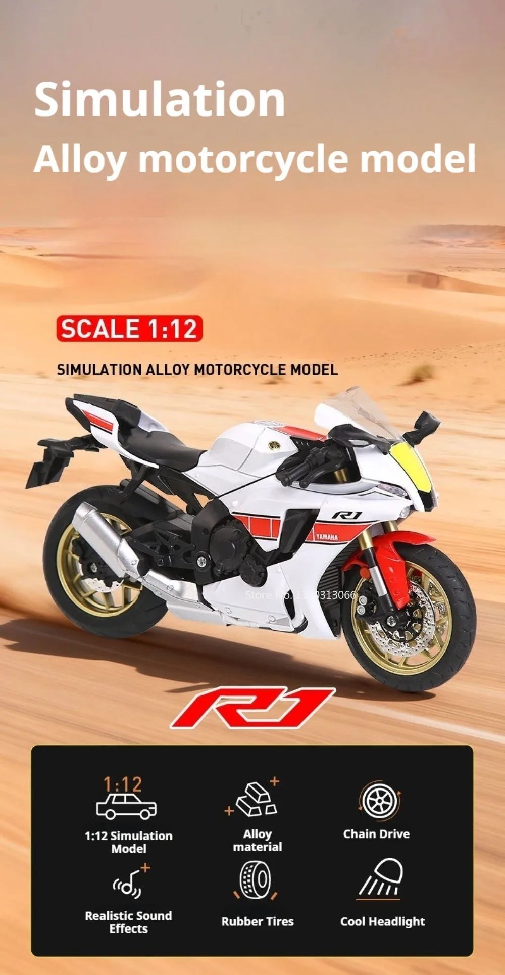 1:12 Legierung R1 R3 Motorradmodelle Spielzeug Legierungsautos Lenkbare Räder Miniatur-Motorrad mit Licht und Sound Fahrzeuge Tischdekoration – Detail 1