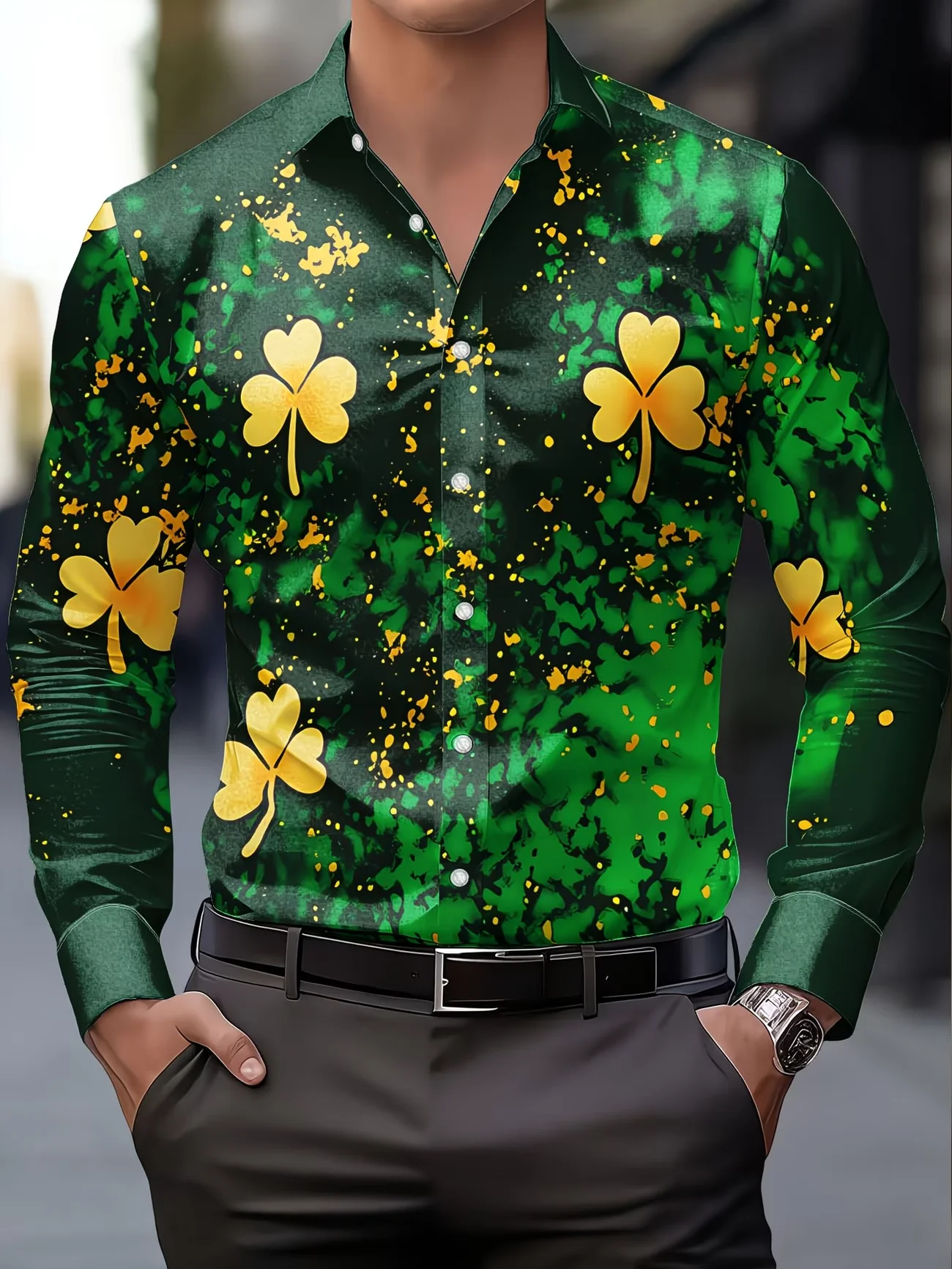 New Disco Cat Starry Sky Printed Men's Long Sleeve Shirt with Personalized Fun Trendy Brand Style Casual Flower Shirt