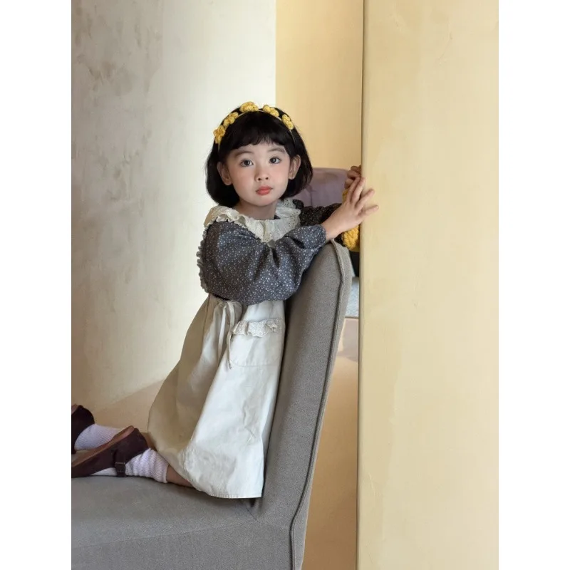 Girls' Korean Style Clothing 2026 Autumn New Item Girls' Lace Collar Floral Shirt and Sleeveless Vest Dress 5