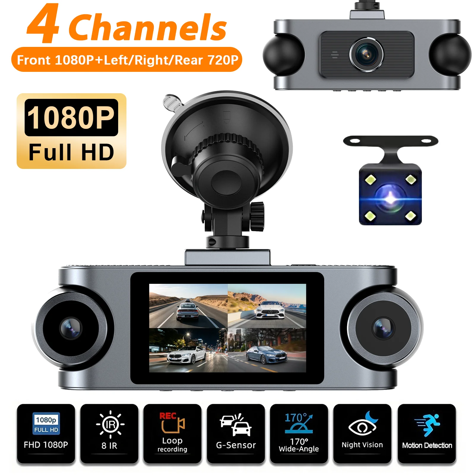 Dash Cam 4 Channels 1080P Black Box Car DVR 24h Parking Monitor Loop Recording Gensor Audio Vedio Recorder Car Camera