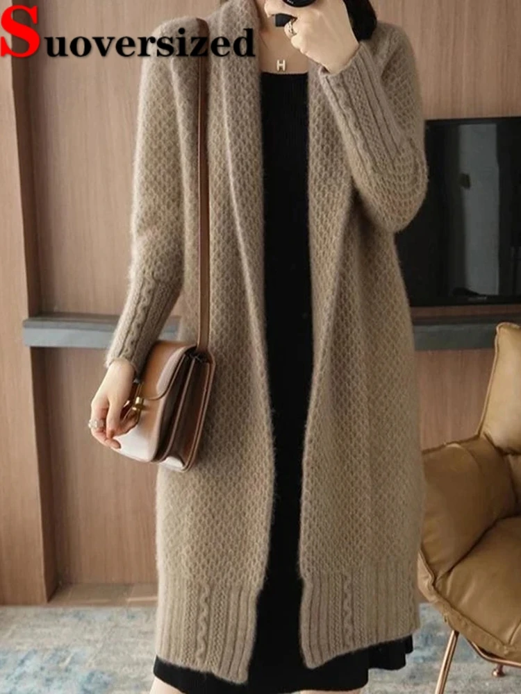 New Women Elegant Knit Cardigan Long Sleeve Mid-length Coats Oversized Korean Loose Tops Jacket Autumn Winter Thick Sweater