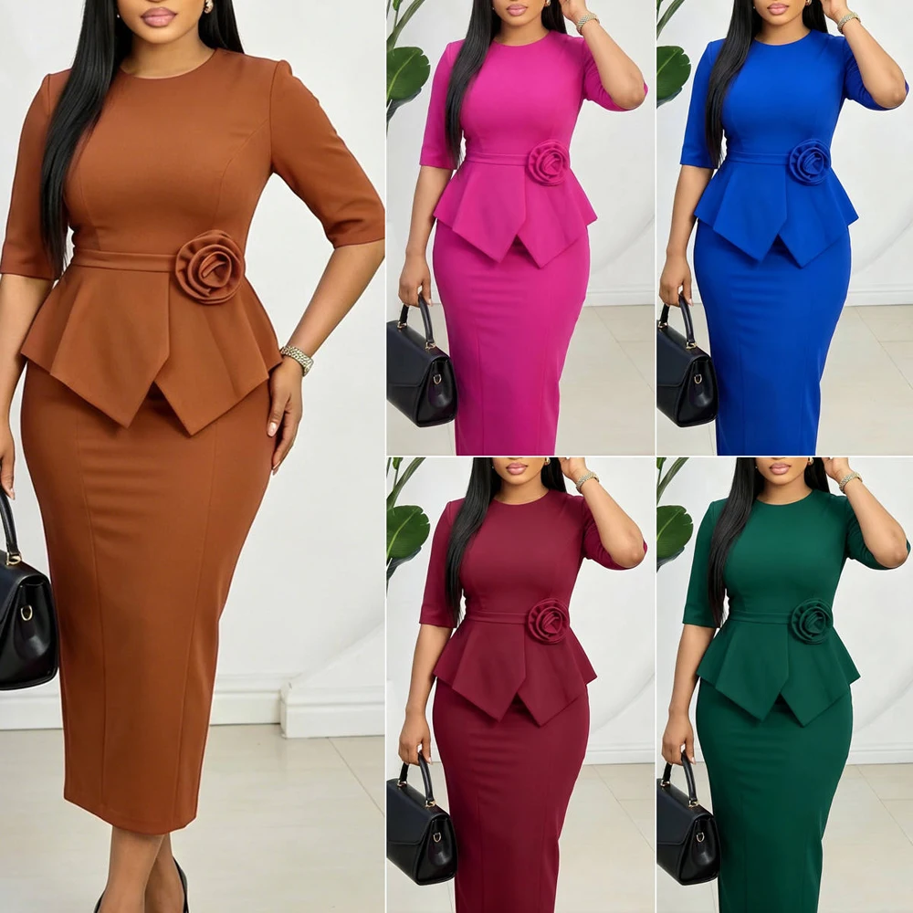 Trendige Sommerkleider für Damen, lässig, elegant, halblange Ärmel, O-Ausschnitt, Rüschen, Bürokleid, modisches afrikanisches Kleid mit 3D-Blumen – Detail 3