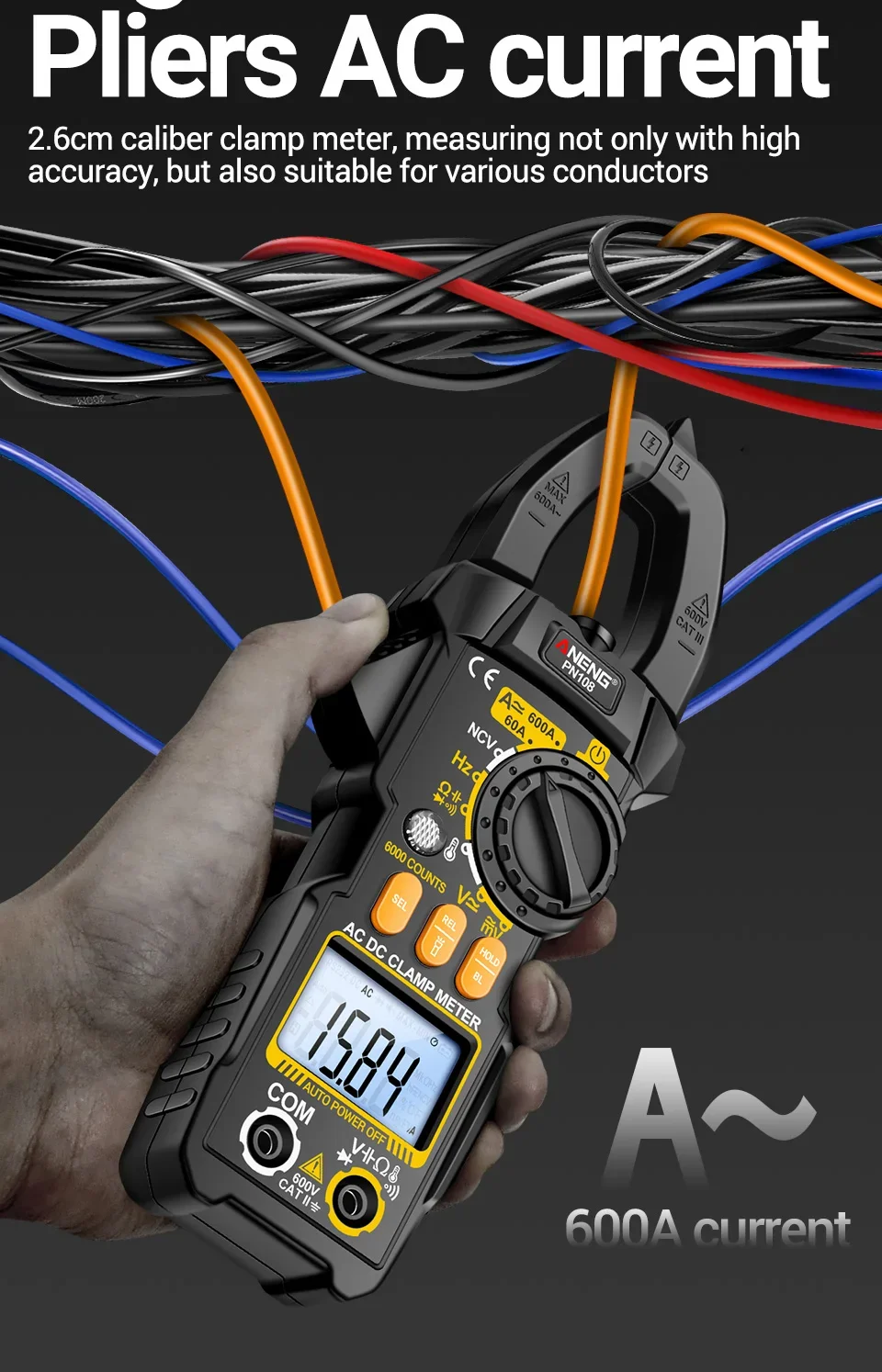 Zangenmessgerät Multimeter 6000 Zählt AC/DC Spannungsprüfer ANENG PN108 600 A Strom Widerstand Kapazität Hochpräzises Testwerkzeug – Detail 7