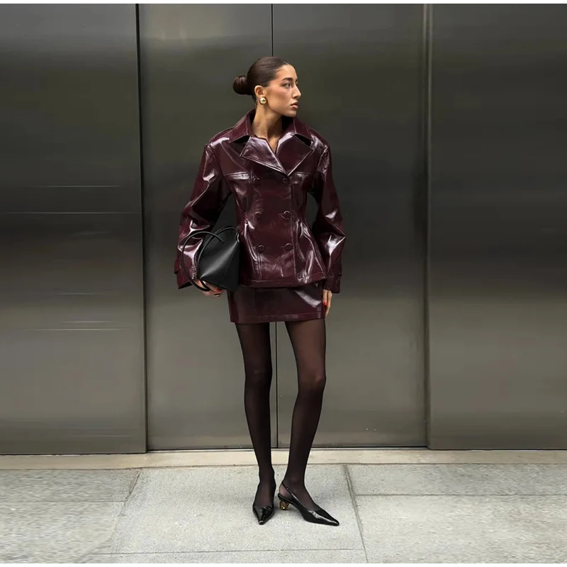 Solid PU Leather Women's Jacket Mini Skirt Set Lapel Neck Full Sleeve Double Breasted Coat Suit 2025 Autumn Stylish Edgy Outfit