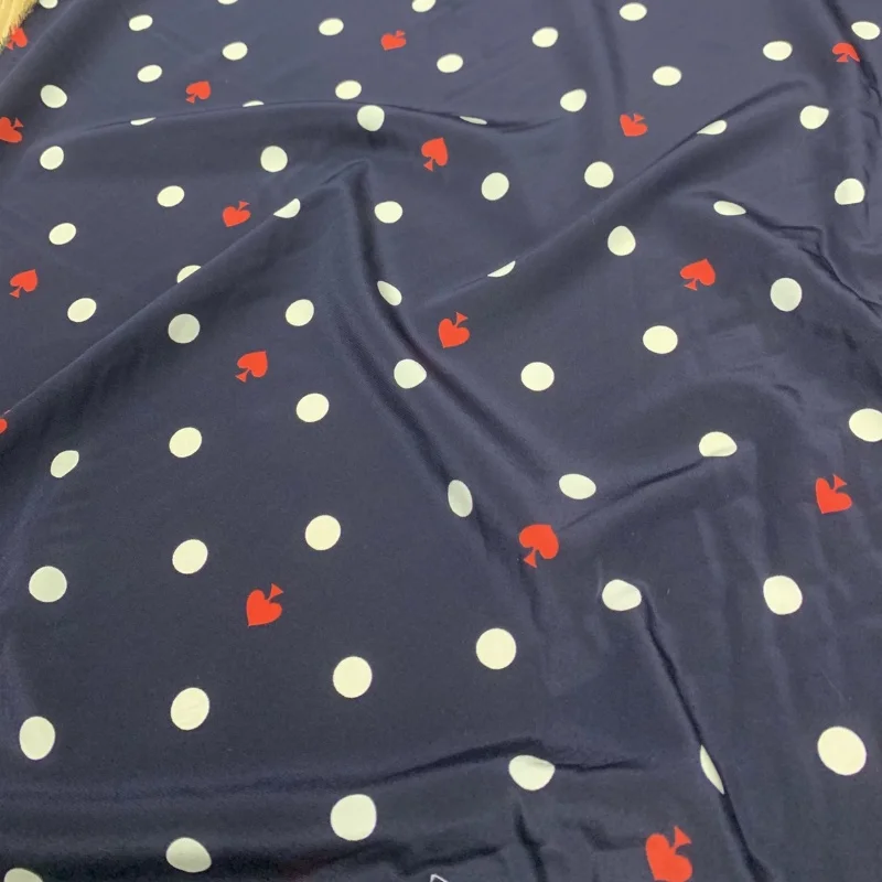 

1 метр, 95% шелк шелковицы, 5% спандекс, креп-шелковая ткань 16 momme, темно-синяя, с точками и лопатками, ширина 138 см, 54 дюйма, по дворам JX116