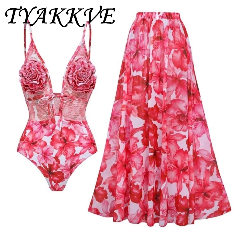 TYAKKVE 2024 New Sexy Fit 3D Flower Women's One Piece Swimsuit Printed Bikini Swimwear Two Piece Set Beach Vacation Monokini Set