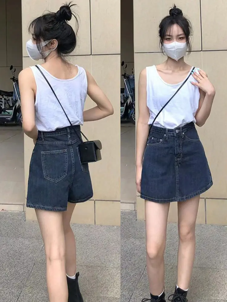 Mini Denim Skirts Women A-line High Waist Slim Button Zipper Simple New Solid Korean Style Plus Size Vintage Fashion Chic Casual