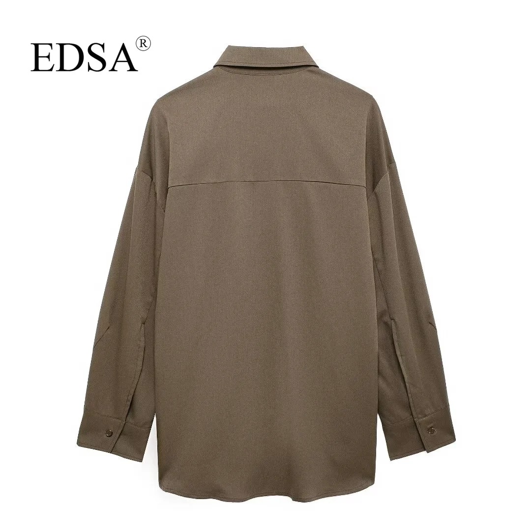 EDSA Women Casual Solid Shirt Adjustable Turn-down Collar Single Breasted Blouse New Fashion 2024 Autumn Top