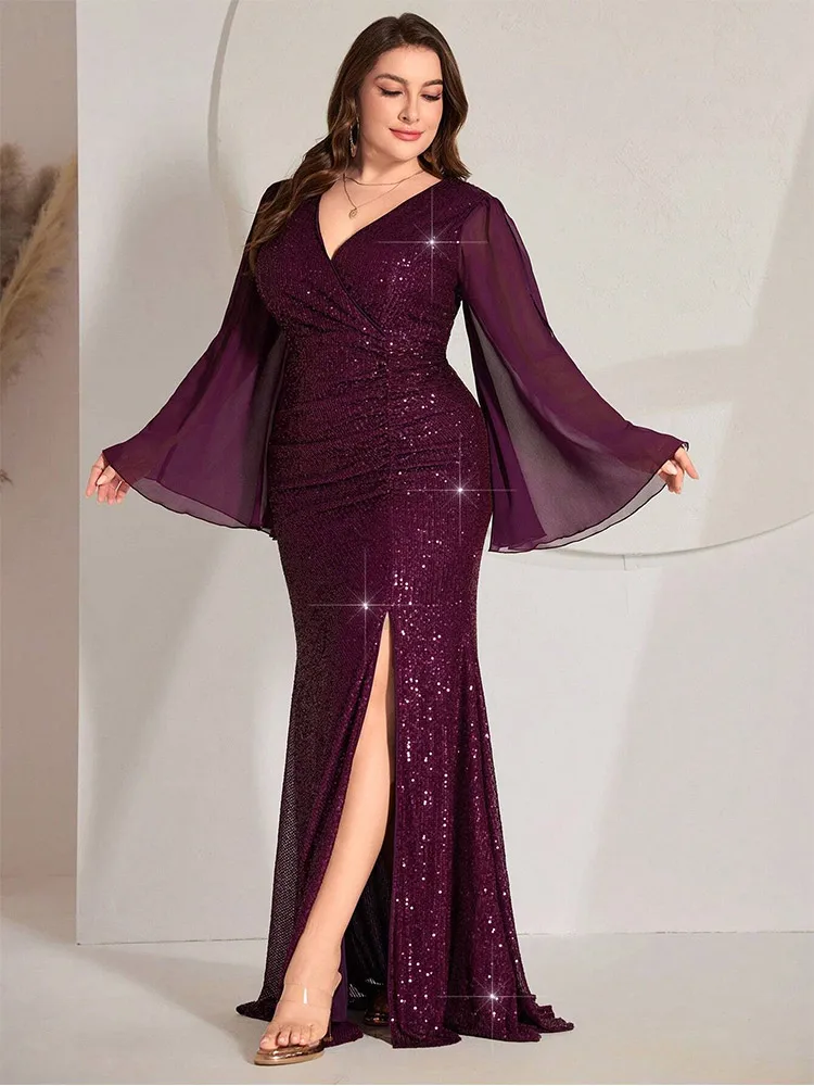 Vestido de gasa de manga larga para dama de honor, prenda brillante con cuello en V y lentejuelas de pie, talla grande, 4XL, 5XL, 2024