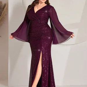 2024 حجم كبير من الشيفون كم طويل فستان بأكمام طويلة على شكل V طول الأرض مترتر متلألئ حجم كبير احتفالي للوطن وصيفة الشرف فاخرة 4XL 5XL 2024 أعلى 6 فساتين وصيفة الشرف مبيعا بحجم كبير - رقم 5