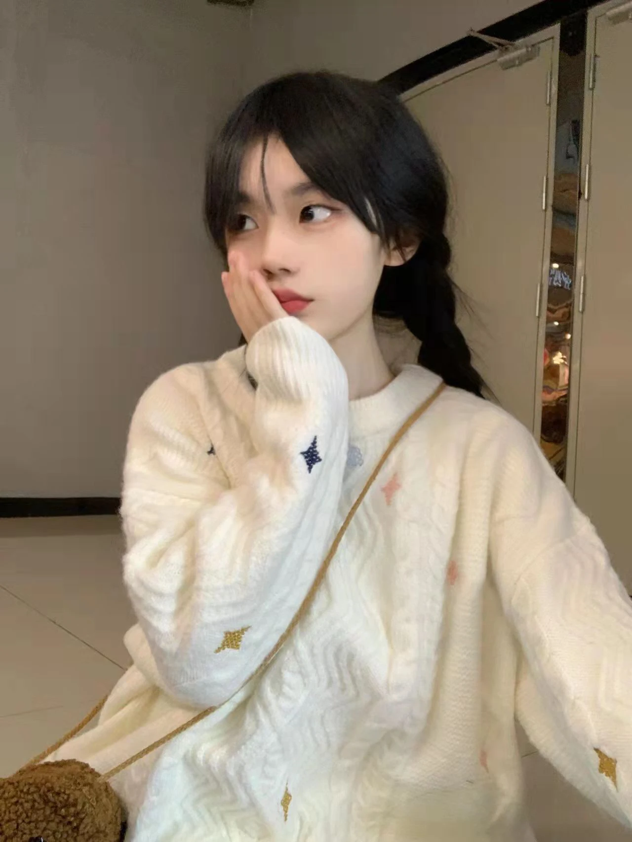 

Retro Cute Thiened Knitted Soft Loose Sweater Women's Autumn Winter Lazy Sle Overhead Outerwear Star Pattern Warm Top