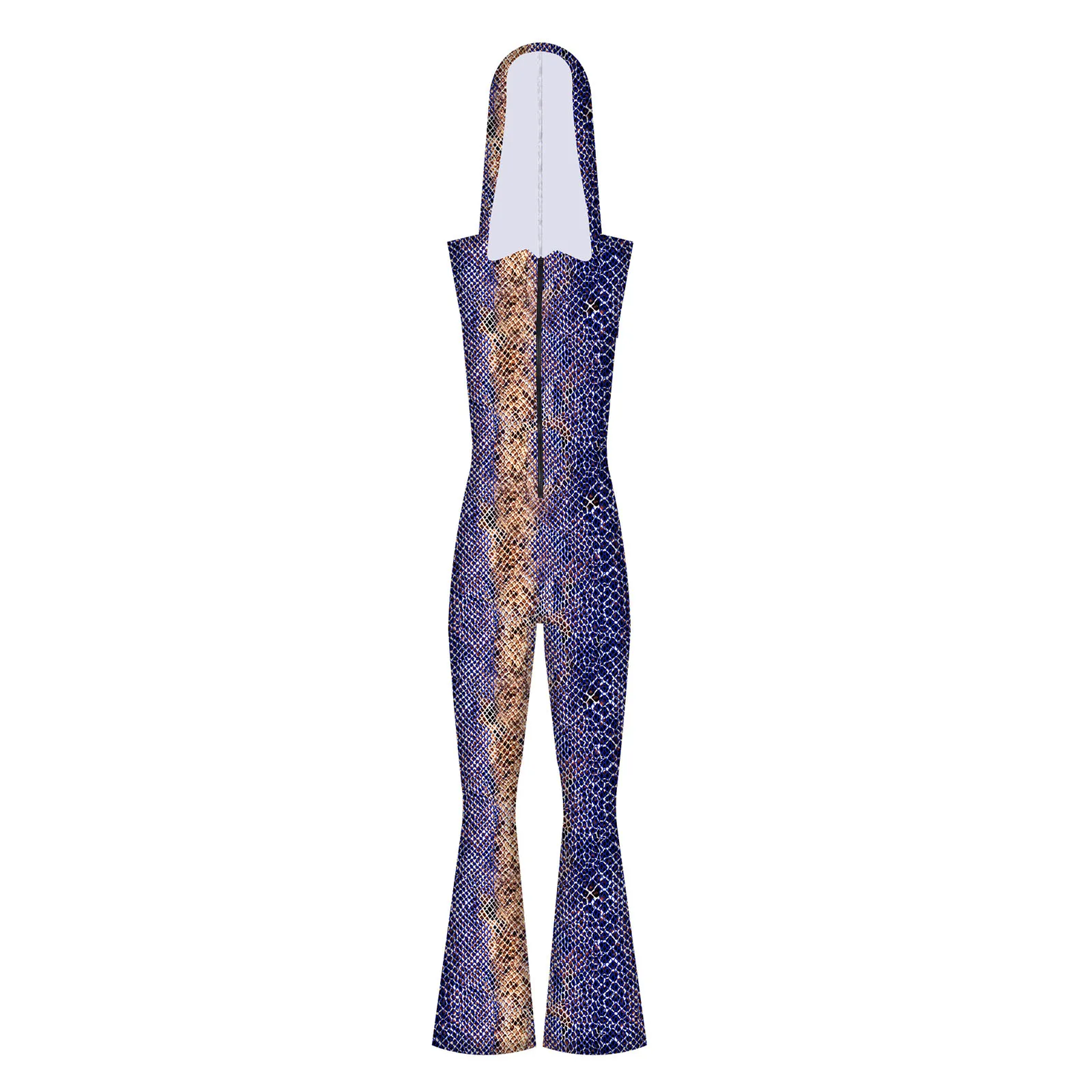 

Women 90s Theme Party Carnival Disco Hippies Costume Dance Outfits Sleeveless Front Zipper Bell-Bottom Printed Hooded Jumpsuit