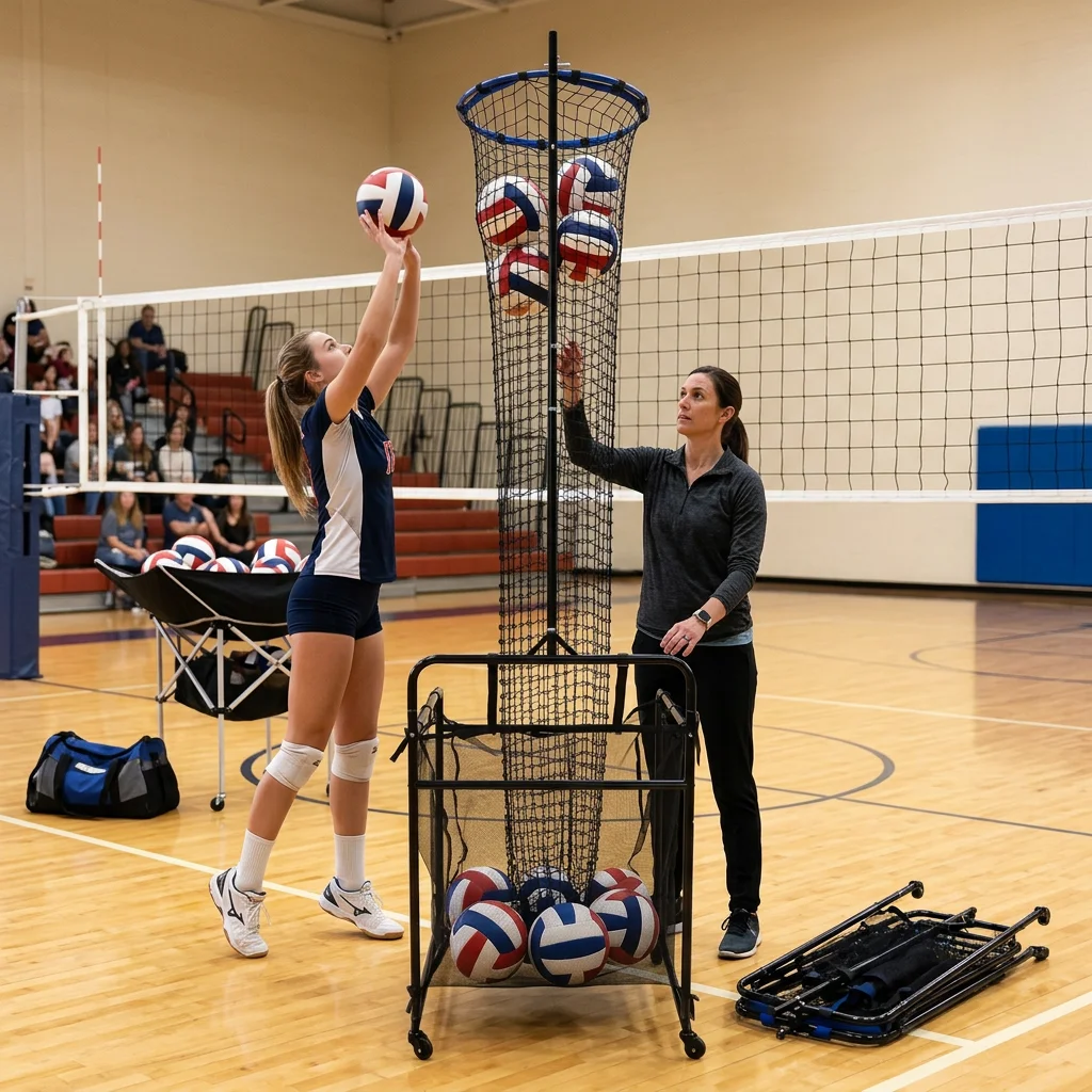Entraîneur de volleyball à hauteur réglable, filet en nylon sans nœuds à bords lisses avec sac de récupération de balles, facile à ranger et à transporter, base à grande ouverture