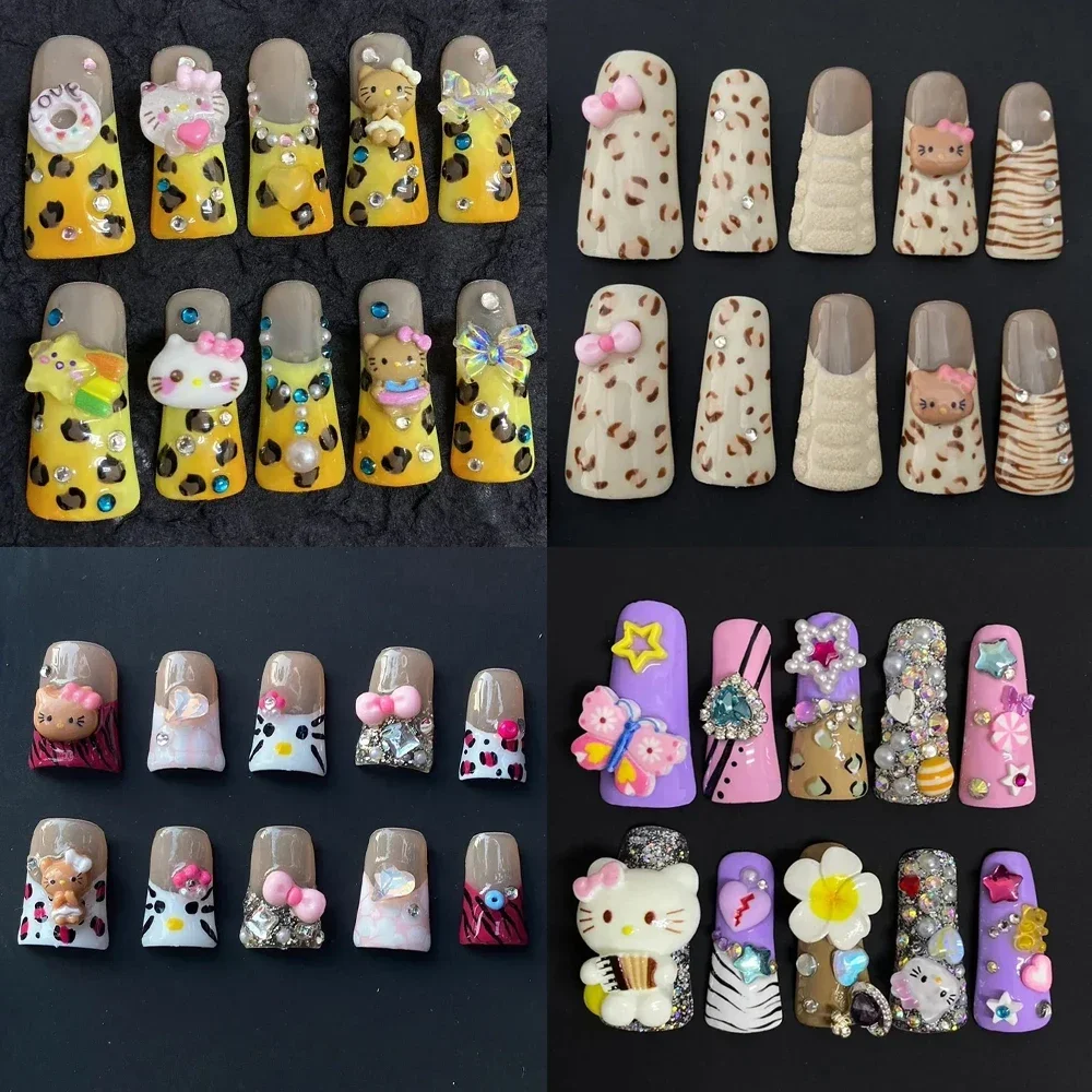 

10Pcs Y2K Duck-Bill Hello Kitty Fake Nails Leopard Design Bow Pink Gothic Punk Wearable Press On Nails Holiday Gift