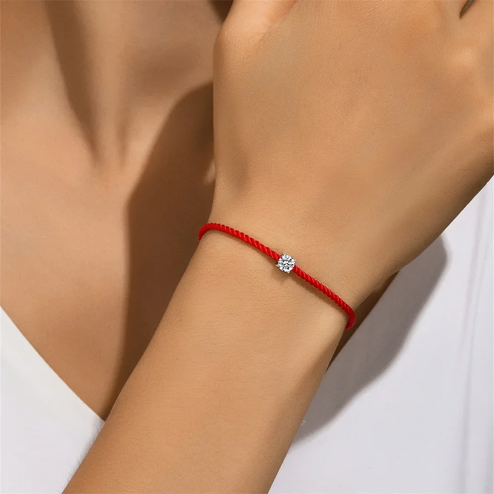 KO 925 Sterling Silver Bracelet Women Platinum single moissanite diamond red rope popular online good luck bracelet תכשיטים