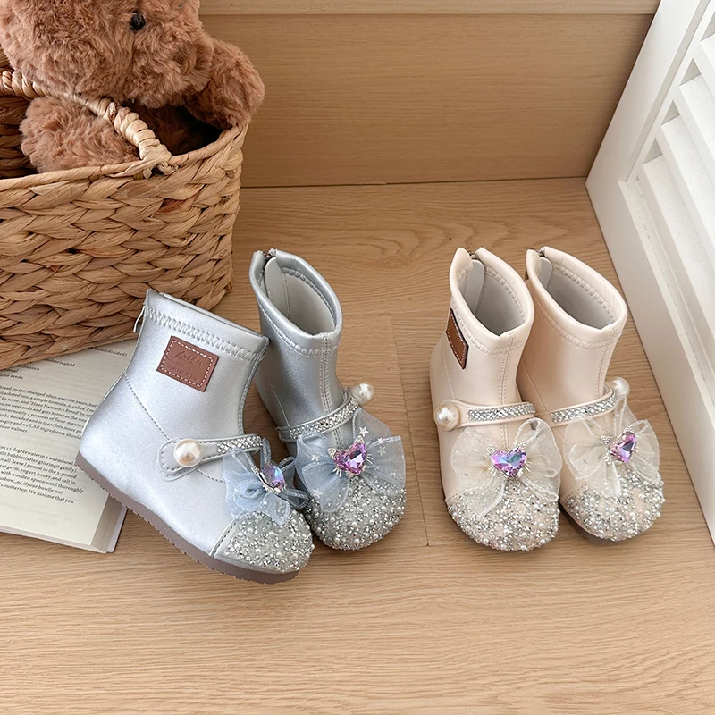 Toddler Girls Leather Boots with Ribbon Bow 2026 New Winter Kids Thermal Boots Non-slip Trendy Princess School Party Wedding