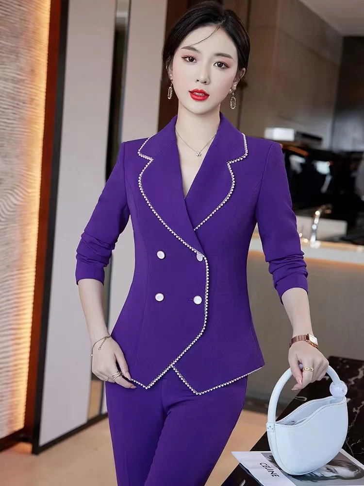 Elegant Purple Women Formal Professional Business Suits with Pants and Jackets Coat Career Interview Pantsuits Trousers Set