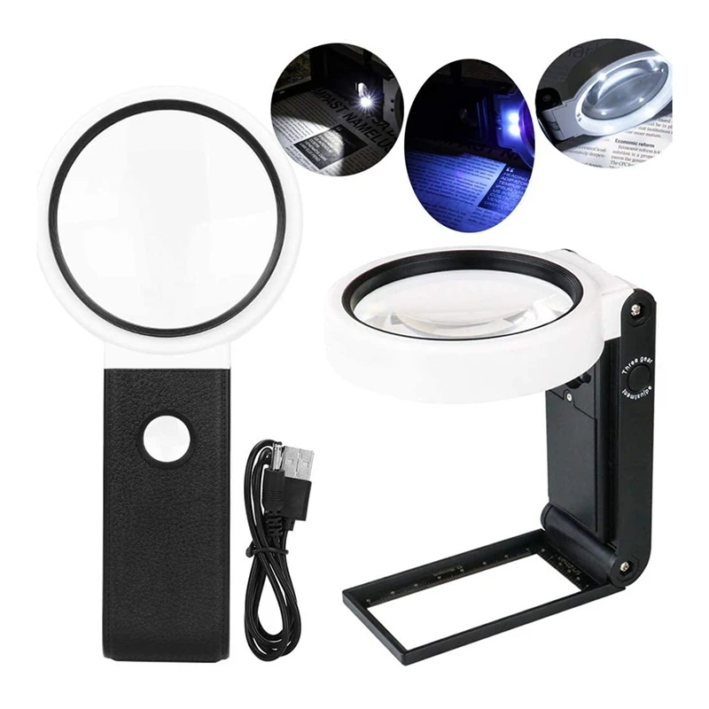 Magnifying Glass With Light And Stand, Hands Free Handheld 6X 25X Adjustable Folding Magnifier With Led Lighted