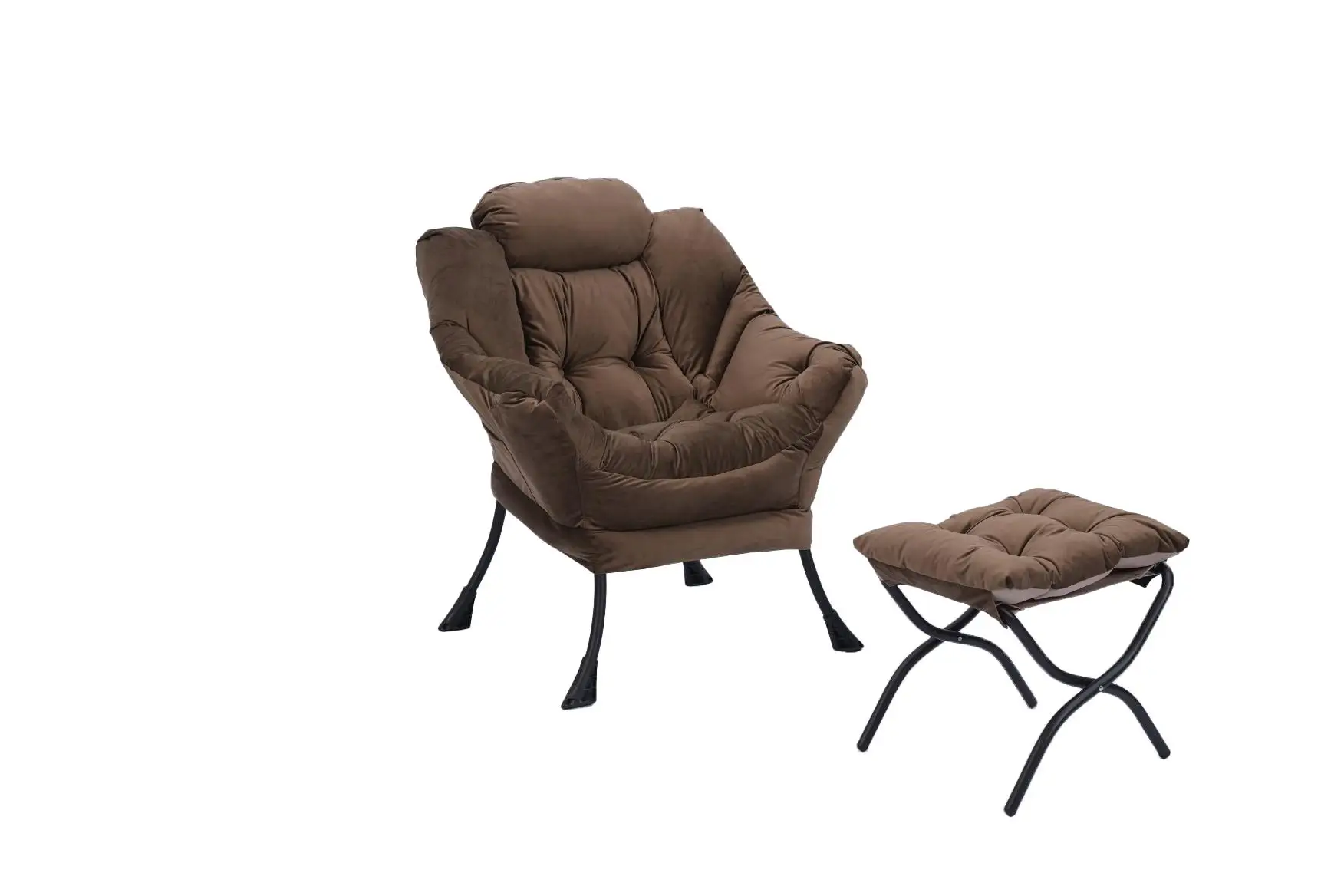 Modern Cotton Fabric Lazy Chair with Ottoman & Footrest, Steel Frame Lounge Chair with Armrests & Side Pocket - Brown