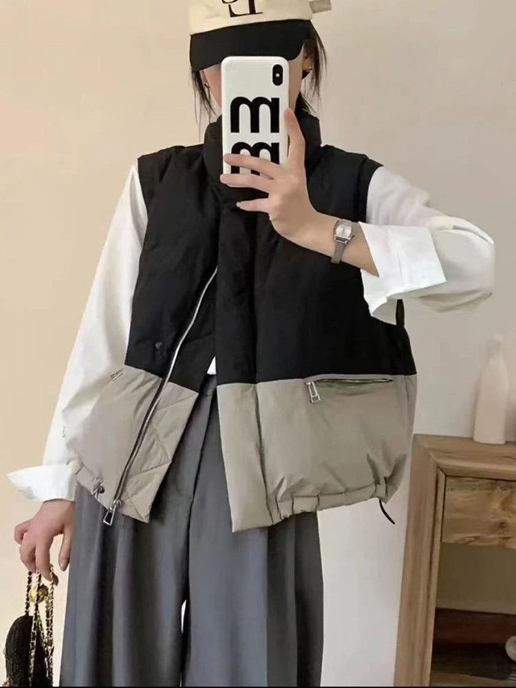 Otoño Invierno moda chaleco acolchado sin mangas mujeres coreano Patchwork cuello medio alto abrigos mujer contraste Color cálido Tops abrigo