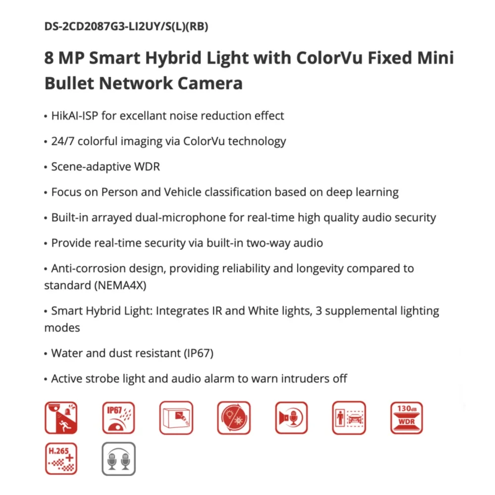 Hikvision DS-2CD2087G3-LI2UY/SRB 8MP スマート ハイブリッド ColorVu 固定バレット ネットワーク カメラ IR 照明 25 メートル IP66