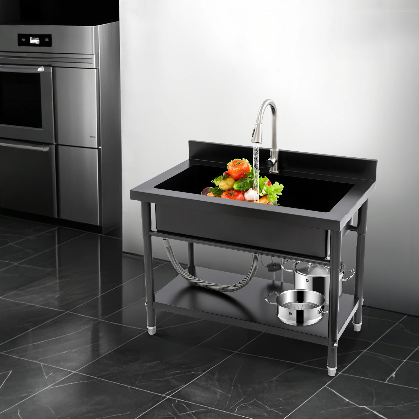 

Stainless Steel Independent Sink with Multifunctional Pull-Out Hot and Cold Faucets Kitchen Countertop with Sink -Black