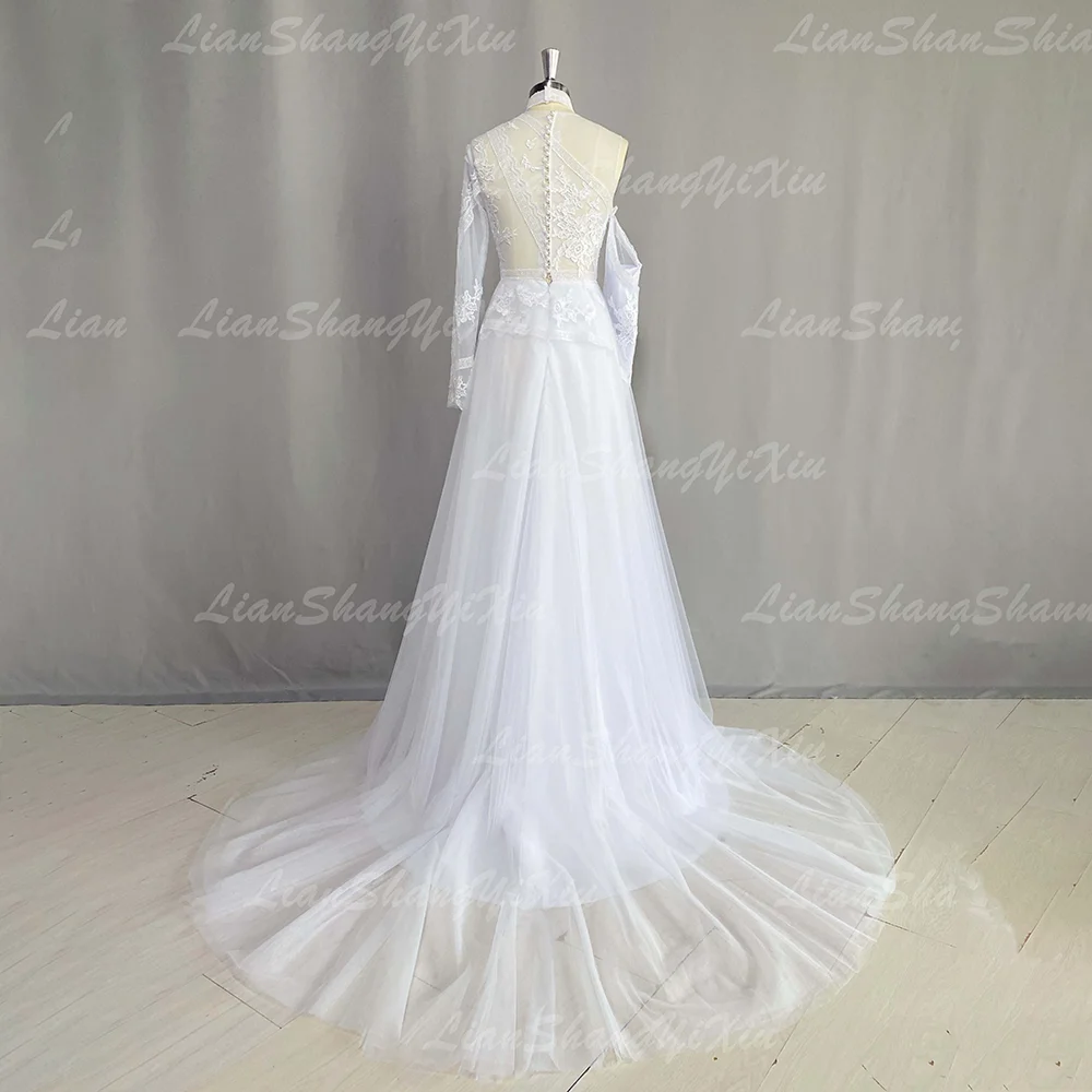 One Shoulder Long Sleeve Lace Applique Wedding Dress Illusion Back A Line Tulle Bridal Gown Train Wedding Party Robe De Mariee