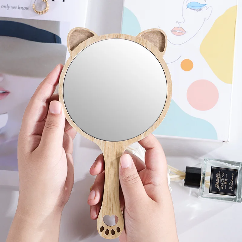 Natural Wood Mirror Wooden Hand Mirror Kids Carton Make Up Mirrors With Handle Portable Compact Makeup Vanity Hand Held Mirror