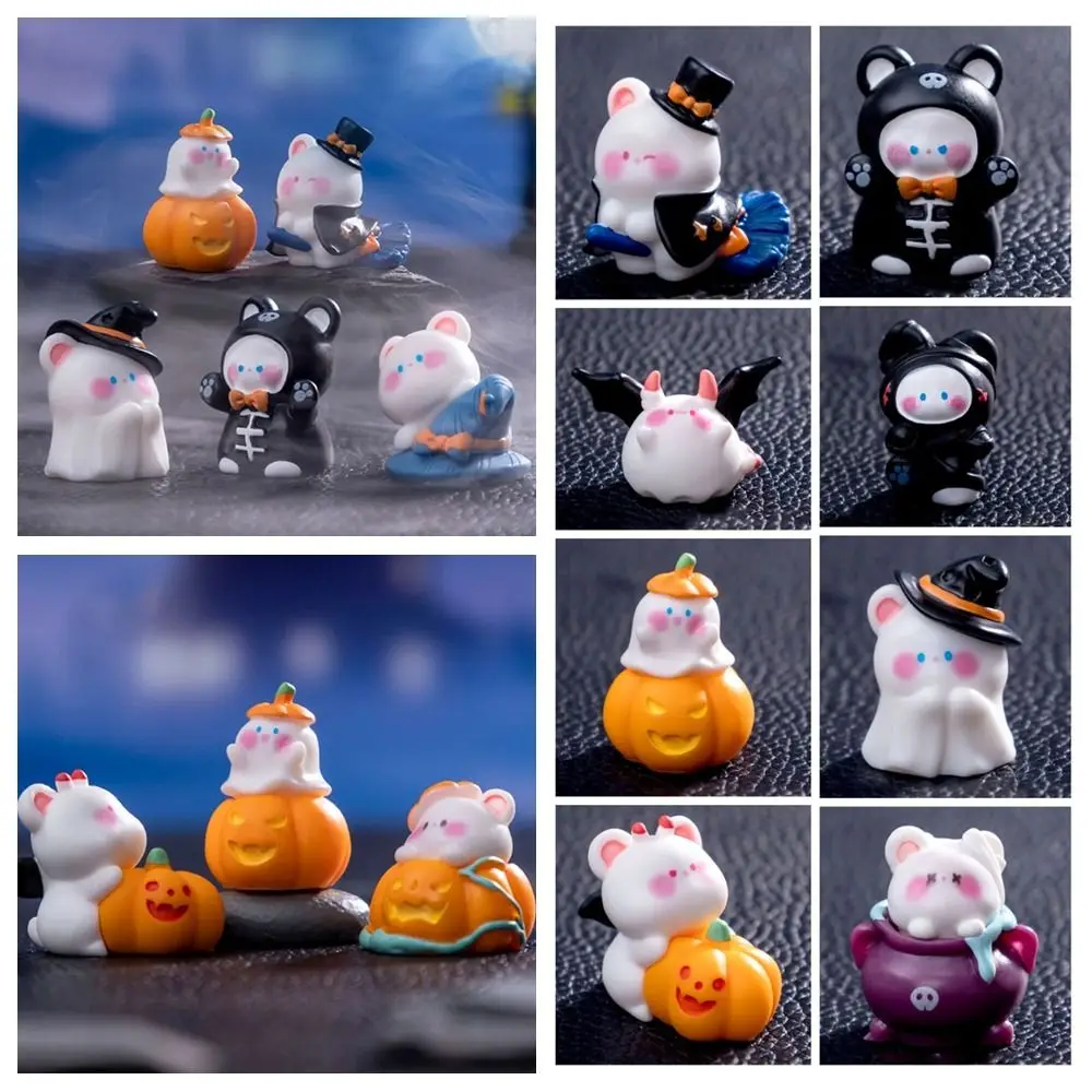 Halloween miniatur boneka beruang labu kartun, Perlengkapan Pesta ornamen figur beruang Resin banyak warna