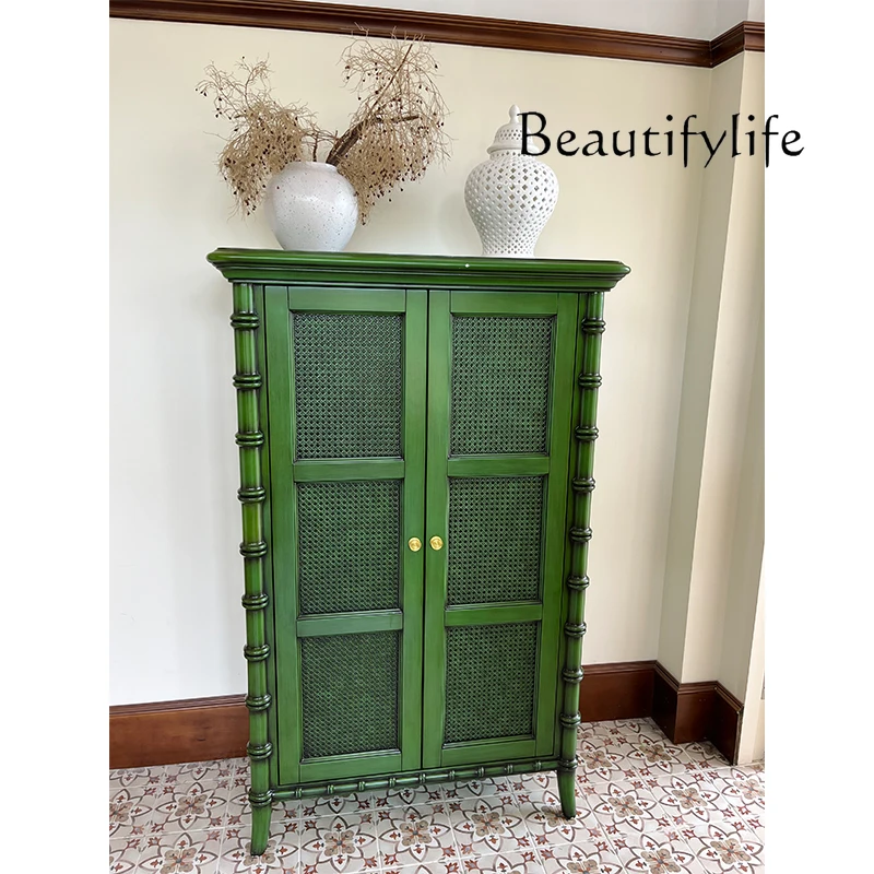 

Solid wood retro bamboo display Chinese tea storage cabinet French side cabinet high