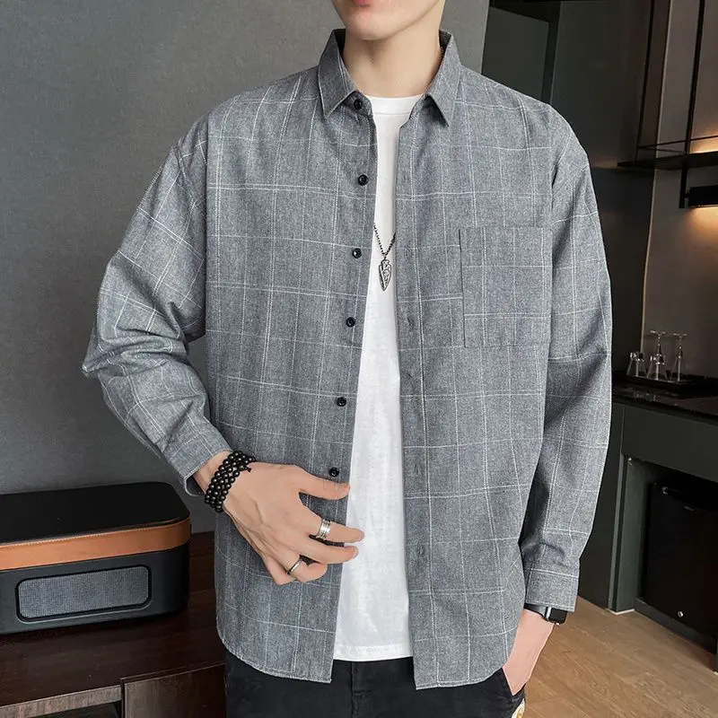 Men Vintage Classic Plaid Appliques Pocket Shirts Autumn Trendy Lapel Long Sleeve Loose Tops Casual Streetwear Camisas De Hombre