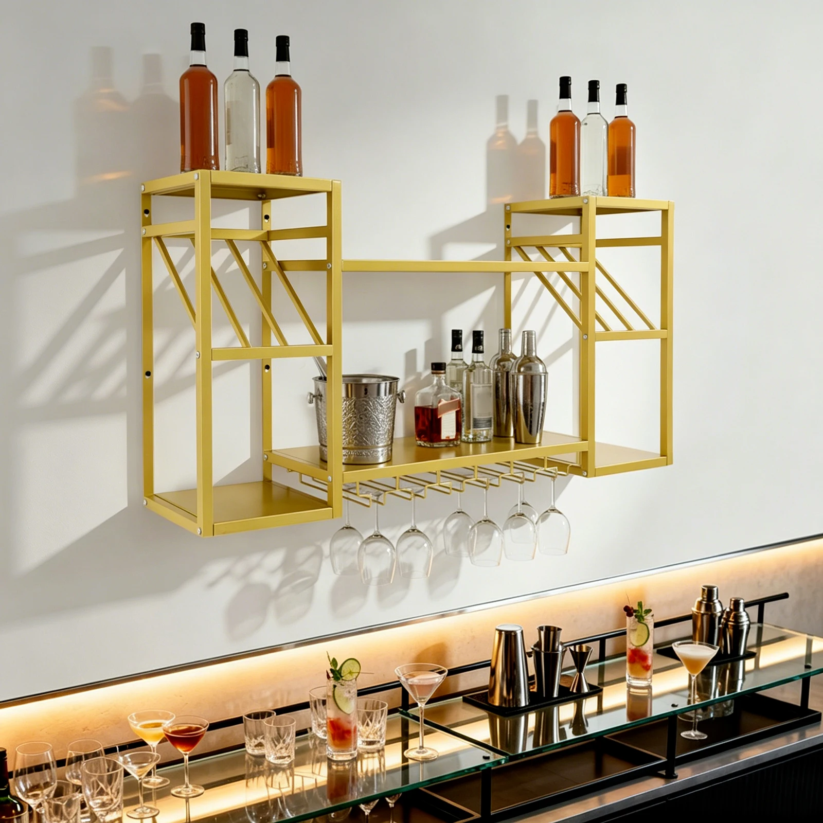2-Tier Metal Wall-mounted Wine Rack 120*25*60 CM Metal Floating Bar Liquor Bottle Shelves for Kitchen Dining Room Bar Home Display