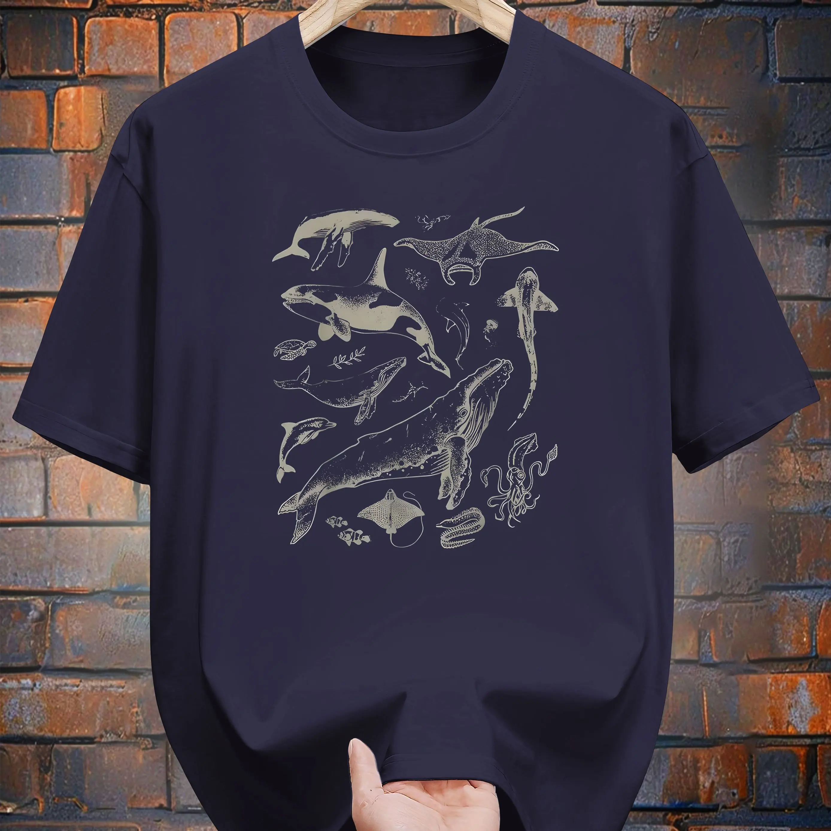 Cotton Print Short Sleeve T-Shirt - Whale Shark Design Casual Summer Tee for Adults Round Neck Men Clothing