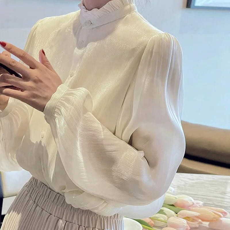 

Элегантные женские белые блузки с воротником-стойкой, однобортные однобортные повседневные офисные свободные рубашки с длинными рукавами, женские рубашки 2025, новинка весны и осени