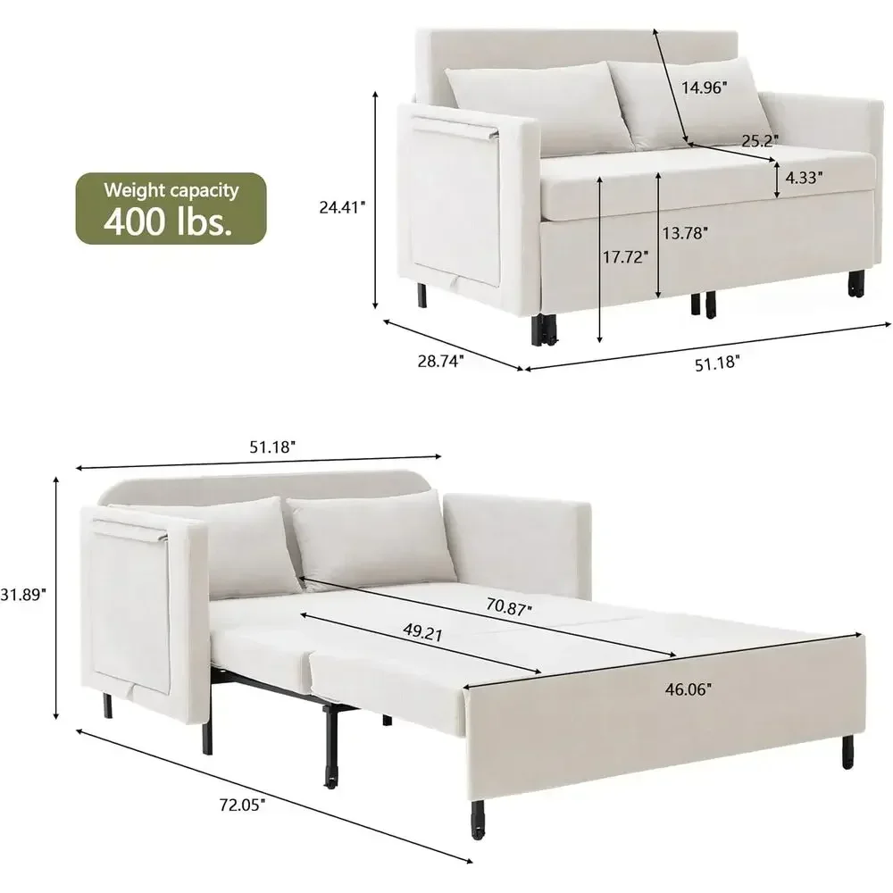 3-in-1 Convertible Sleeper Sofa with Pullout Bed, Loveseat Sofa Bed with Hidden Side Table, 56 Full Size Couch for Living Room o