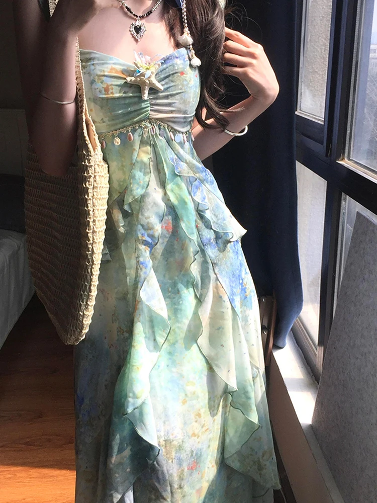 Ele Sommer Blumendruck Lang Dr Damen Trägerkleid Hohe Taille A-Linie Silhouette V-Neline Casual Vintage Sle