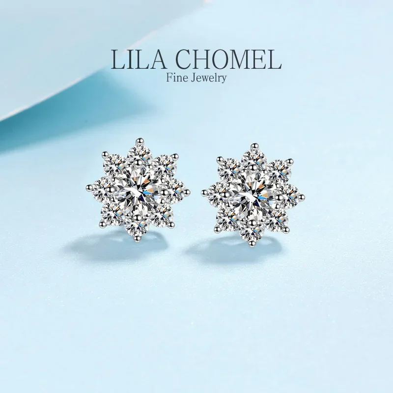 

Luxury White Gold 18K Wedding Best Fine Jewelry Moissanite Diamond D color Unusual Halo snowflower Stud Earrings for Women gift