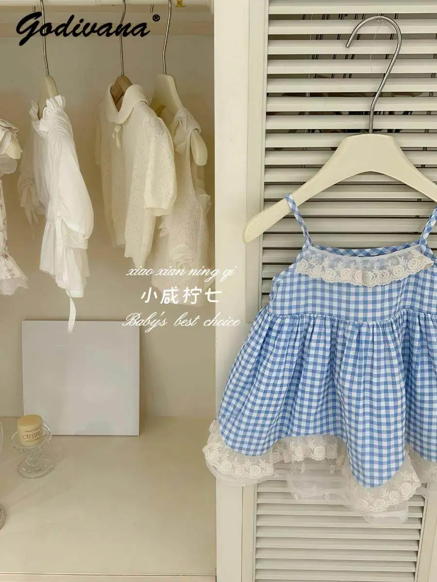 Sweet Baby Girl 2026 Summer New Cute Casual Slip Dress Childrens Fashion Blue Plaid Lace Trim Suspender Beach Dress and Hat Set