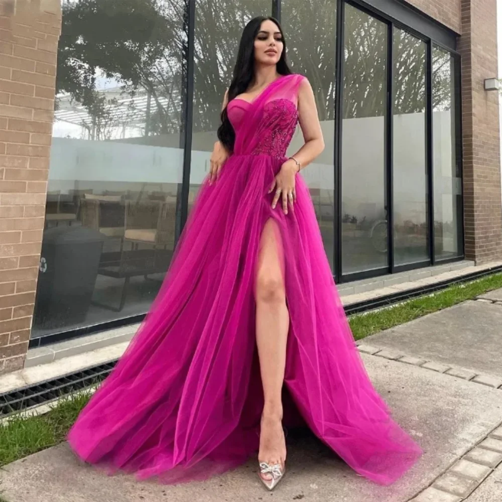 Vestido De noche fucsia con lentejuelas brillantes, Vestido largo De tul con abertura lateral, un hombro, Formal, para fiesta De graduación, 2024