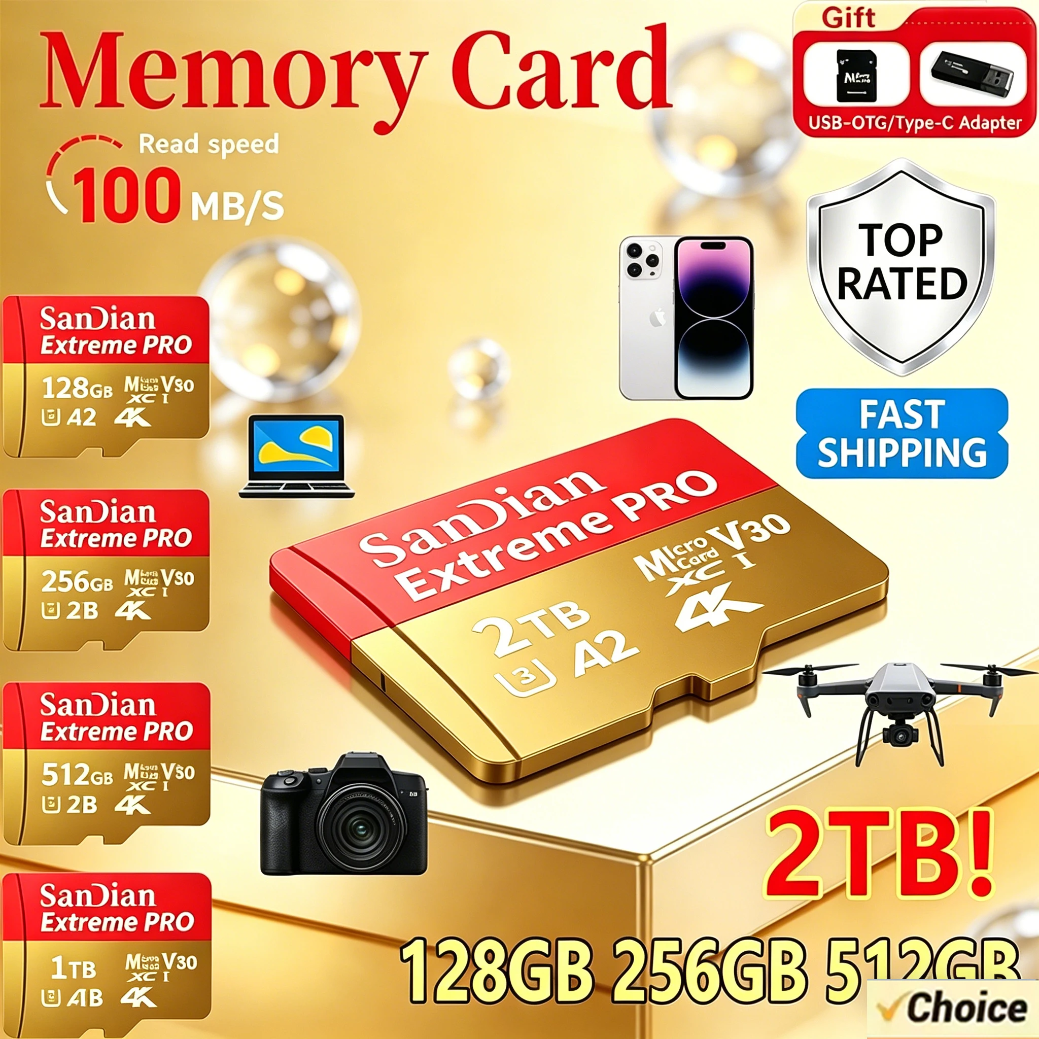 Tarjeta Micro TF de Alto Rendimiento de 1 TB, Tarjetas SD Swift de 256 GB de Gran Capacidad Clase 10, Diseño Estable a Prueba de Golpes para Teléfono/Cámara/PC