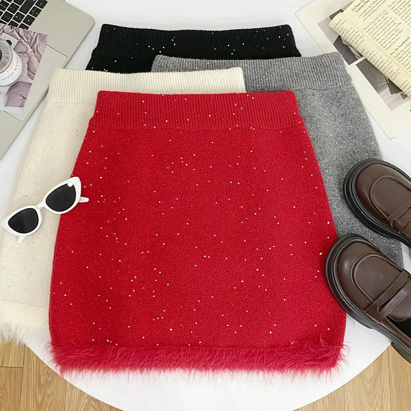 

Женская красная мини-юбка трапециевидной формы, винтажная вязаная юбка с блестками, Harajuku, корейский стиль, Y2k, короткие юбки, одежда 2000-х годов, весна-лето 2026