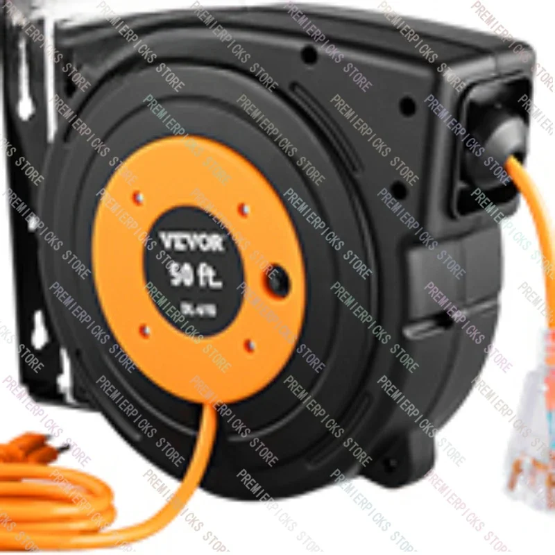 Retractable Extension Cord Reel 45/50/65 FT with Lighted Triple Tap Outlet&180° Swivel Bracket Black Heavy Duty Power