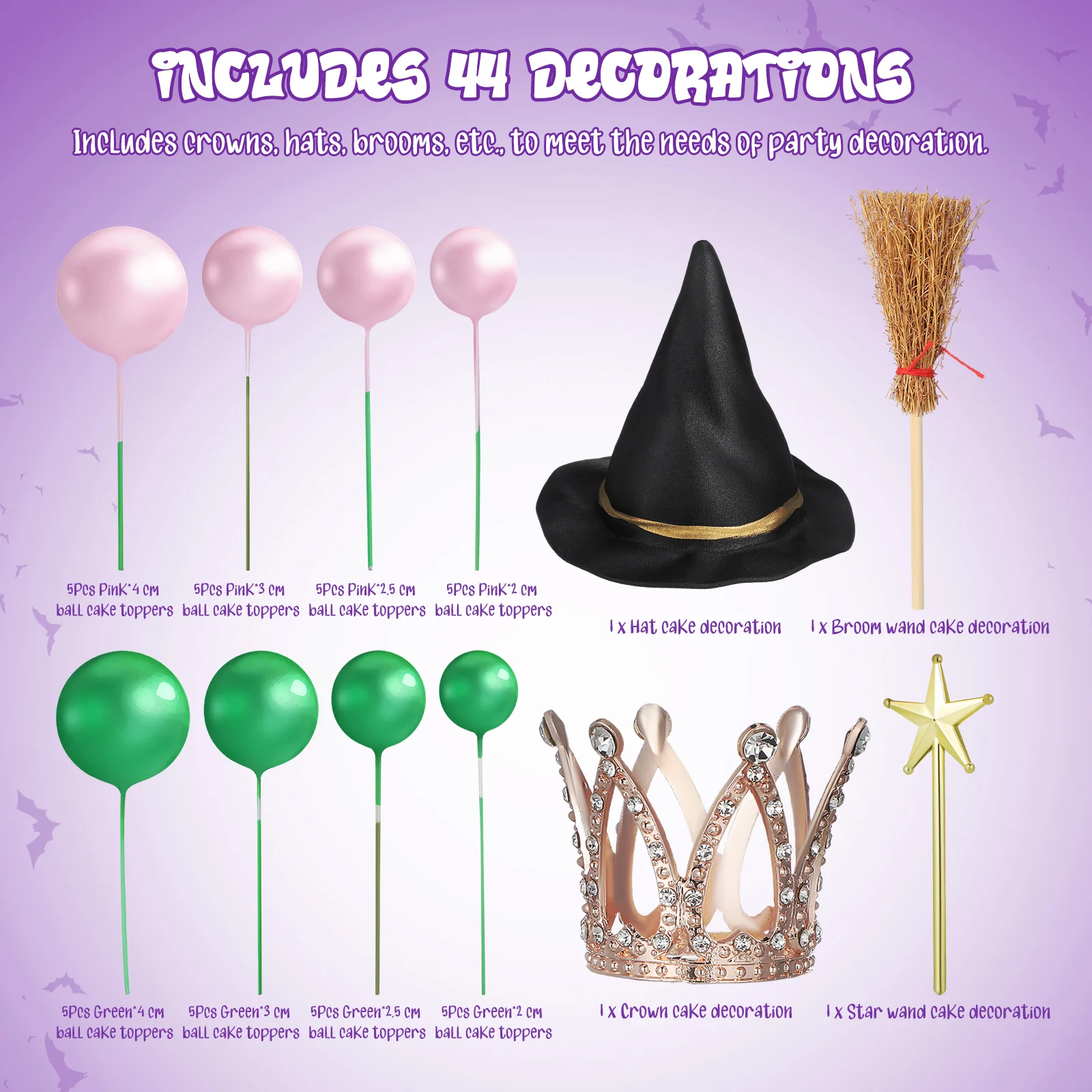 

44Pcs Witch Themed Wicked Cake Decorations Party Supplies Halloween Birthday Witch Hat Crown Broom Star Wand Cupcake Toppers