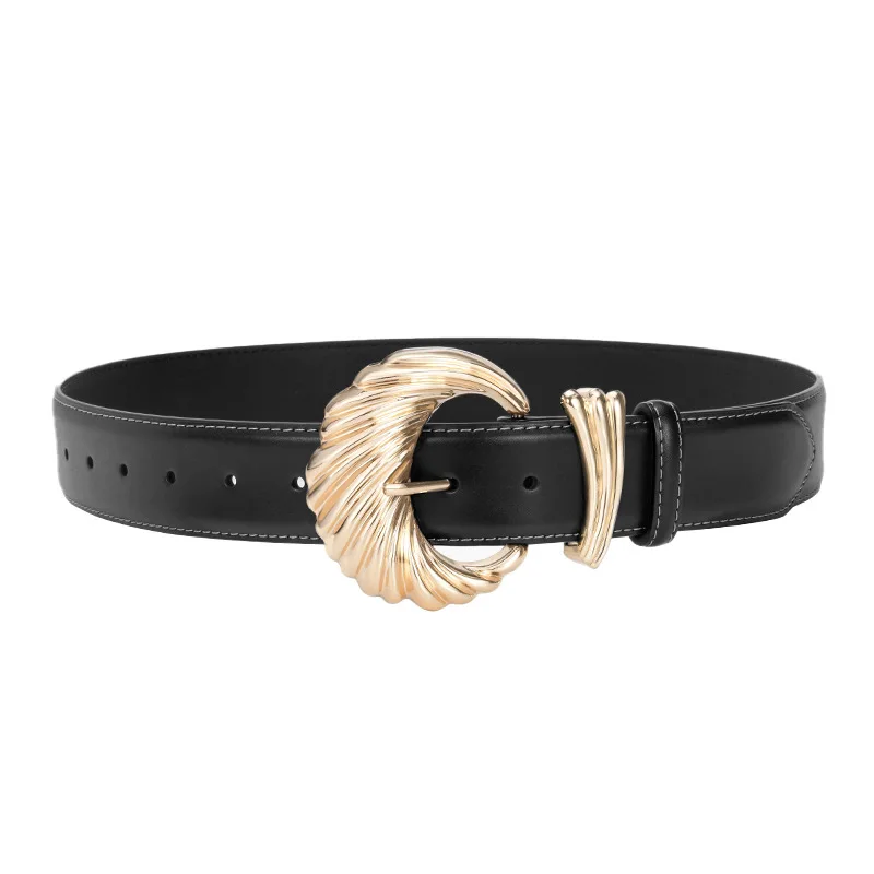 

Western Car Line Design Leather Gold Pin Buckle Wide Waistband Belt Fashion Coat Dress Belt for Ladies