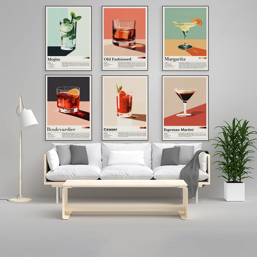 Retro cocktails, classic whiskey, espresso martini, mojito cocktail bar decoration, tequila lover gift, bartending art poster