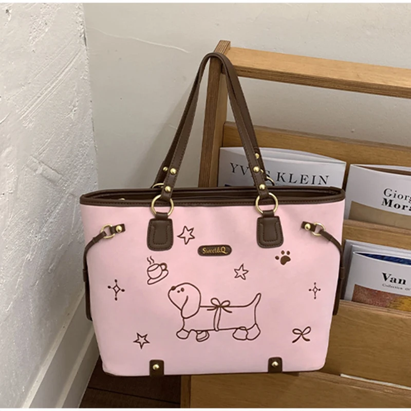 

Милая сумка-тоут с вышивкой таксы, большая вместительная сумка на молнии через плечо, кавайная розовая сумка с мультяшным рисунком, женская сумка для школы и поездок на работу