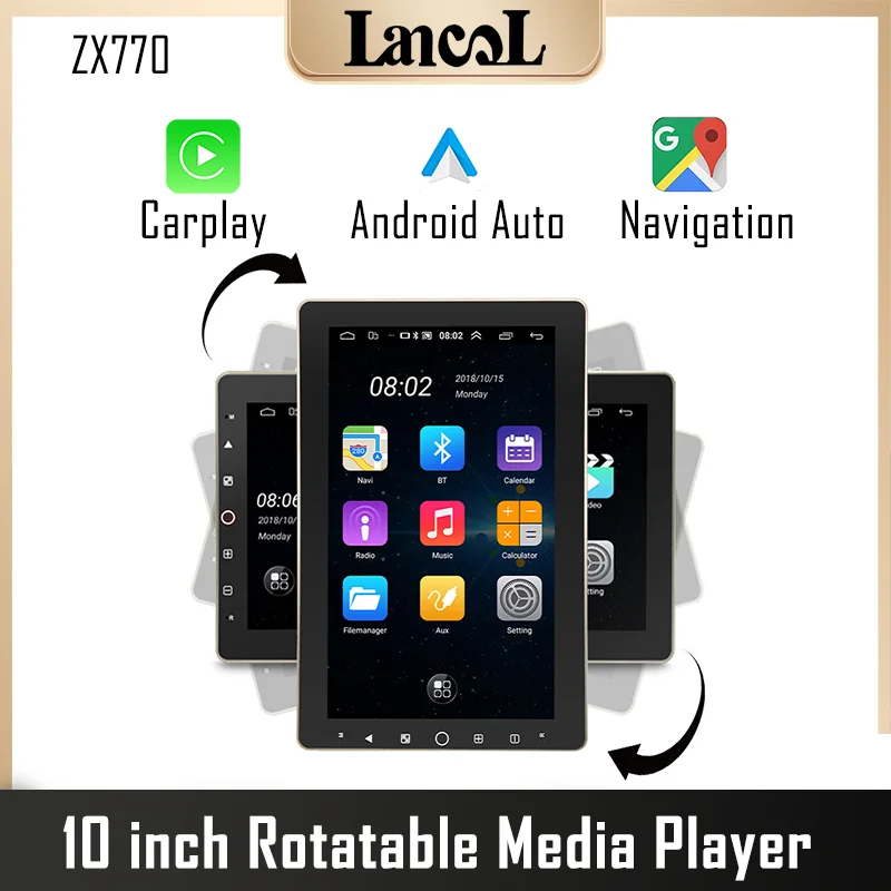 

ZX770 10.1'' Rotatable Screen Multimedia Player with Android 9.0 CarPlay and Android Auto GPS Navigation Universal Car Audio